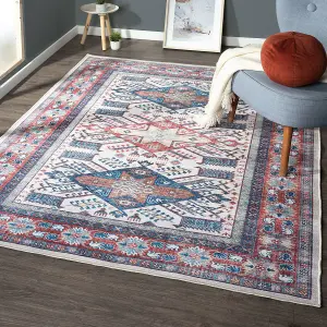 Blue Bordered Floral Rug For Bedroom, & Living Room, 7mm Thick Stain-Resistant Traditional Rug - 160cm X 230cm