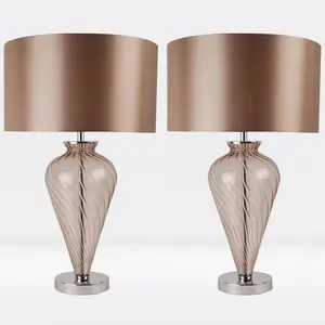 Pair Of Clear Glass Table Lamps With Grey Fabric Shades (Set of 2) Mocha / Mocha