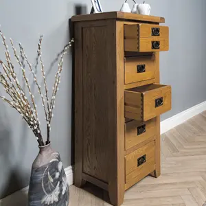 Elm home And Garden Rustic Oak 5 Drawer Wooden Chest Of Drawers Tall Boy 116cm High x 55cm Wide x 40cm Deep Fully Assembled