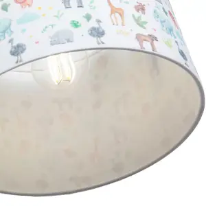 Safari Themed White Cotton Lamp Shade with Hand Drawn Pastel Coloured Animals