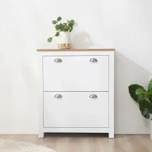 HOMCOM 2 Drawer Shoe Cabinet Narrow Shoe Cupboard with Flip Doors White