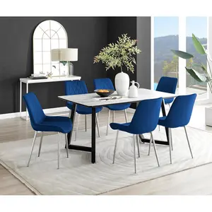 Industrial Design White & Grey Marble Effect Melamine Dining Table Set with 6 Luxury Velvet Chairs Navy/Silver