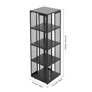 Steel Bookshelf Rack Black 4-Tier Bookcase Freestanding Storage Rack with Wheels