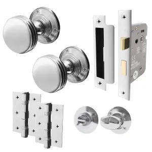 AFIT Lined Bathroom Door Knob Set Polished Chrome - 1 Pair of Mortice Knobs (55mm), Lock (80mm) & Hinges (76mm) for Internal Doors