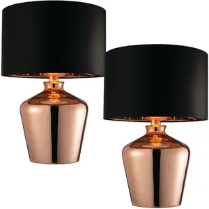 2 Pack Modern Mirror Table Lamp Gloss Copper Glass & Black Shade Feature Bedside Light