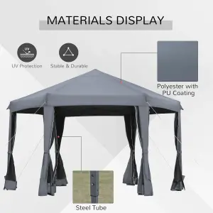 Outsunny 3.2m Pop Up Gazebo Hexagonal Canopy Tent Outdoor w/ Bag Grey