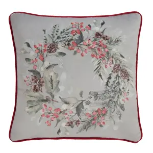 Winter Sprigs Floral Wreath Green Velvet Filled Cushion