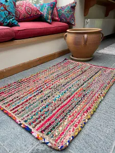 MISHRAN Natural Rug Hand Woven with Multi Colour Braids - Natural Jute - L90 x W150 - Multicolour