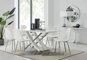 Furniturebox UK 6 Seater Dining Set - Mayfair High Gloss White Chrome Dining Table and Chairs - 6 Cream Faux Leather Corona Chairs