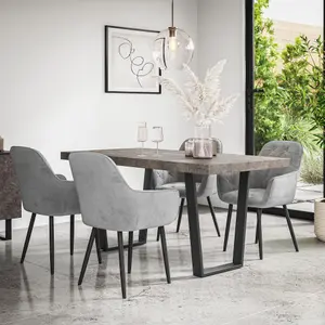 Aria Dining Table And Chairs -  Concrete Effect Table Top w Black Legs + Anika Velvet Dining Chair Set Of 6 (Grey)