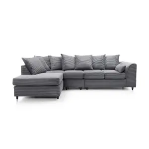 Jumbo Large Grey Cord Left Facing Corner Sofa for Living Room with Thick Luxury Deep Filled Cushioning