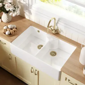 895mm - Fireclay Double Bowl Stepped Weir Butler Sink - with Tap Ledge,  Overflow, No Tap Hole & Tap