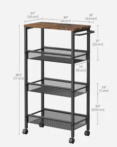 VASAGLE 4-Tier Trolley, Space-Saving Kitchen Cart with Wheels, Steel Frame, Trolley for Small Spaces, Rustic Brown and Black