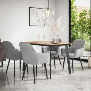 Haydon Extending Dining Table And Chairs -  Oak Effect Table Top w Black Legs + Anika Velvet Dining Chair Set Of 6 (Grey)