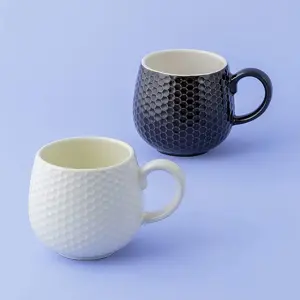 Set of 6 Embossed Honeycomb Cream Mug 350ml