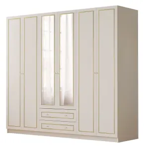 MARIE XL 6 Door 2 Drawer Mirrored Gold White Wardrobe