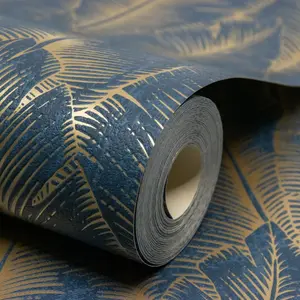 Grandeco Palmeria Palm Leaves Blown Wallpaper, Navy