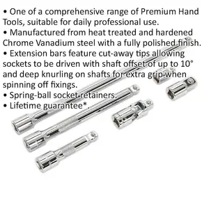 6 Piece Wobble and Rigid Extension Bar Set with Adaptors and Joint - 3/8 Inch Square Drive