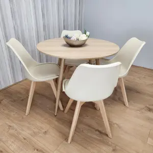 Round Oak Effect Kitchen Dining Table With 4 Cream Tulip Chairs Table Set