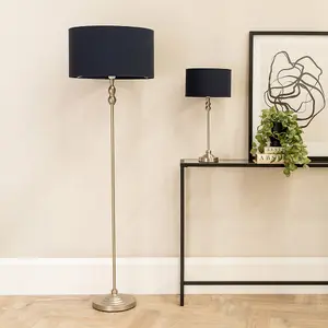 ValueLights Maggie Brushed Chrome Silver Candlestick Floor Lamp with Black Fabric Lamp Shade