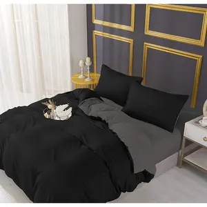 Microfiber Solid Colour Duvet Cover Set with Pillowcases Grey/Black / Super King - 2 Standard Pillowcases