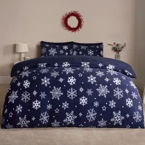 Snowflake Teddy Fleece Duvet Cover Bedding Winter Christmas, Navy - Double