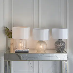 2 PACK Grey Tinted Faceted Glass Twin Table Lamp & Vintage White Fabric Shade