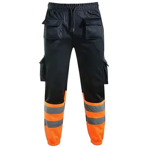 MS9 Mens Hi Viz Vis High Visibility Fleece Cargo Work Trousers Joggers Pants, Black and Orange - XL