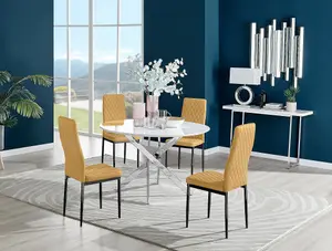 Furniturebox UK Novara White High Gloss 120cm Round Dining Table & 4 Mustard Velvet Milan Black Leg Chairs