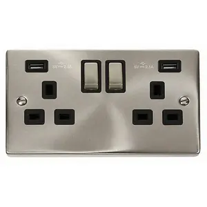 Satin / Brushed Chrome 2 Gang 13A DP Ingot 2 USB Twin Double Switched Plug Socket - Black Trim - SE Home