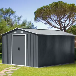 Metal Shed 10 x 12 ft Garden Storage Shed Apex Roof Double Door with Foundation Base , Charcoal Black