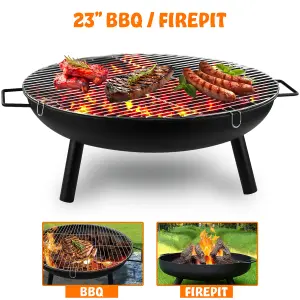 23 Inch Large Round Steel Fire Pit Garden Camping Burner & BBQ Grill