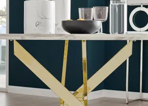 Furniturebox UK Novara White Marble Gold Leg 120cm Round Dining Table & 6 Black Velvet Milan Gold Leg Chairs