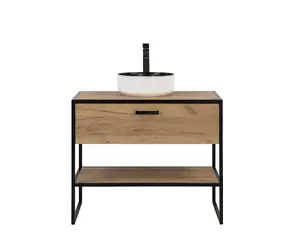 Bathroom Furniture Set with 900 Vanity Unit Tall Cabinet Black Steel Oak Finish Freestanding Loft Industrial Brook