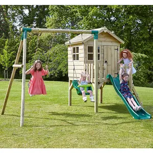 Rebo Orchard 4ft x 4ft Wooden Playhouse with Swings, 900mm Deck and 6ft Slide - Solar Green