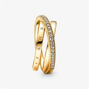 Pandora Crossover Pavé Triple Band Ring - 14K Gold Plating / Cubic Zirconia - Sz. 52