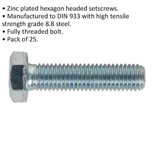 25 Pack M12 x 50mm Grade 8.8 Zinc Setscrews - Fully Threaded DIN 933