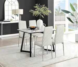 Furniturebox UK Carson White Marble Effect Dining Table & 4 Cream Velvet Milan Chairs