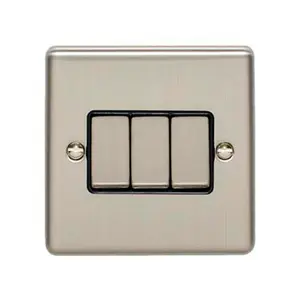 3 Gang Triple Light Switch SATIN STEEL 2 Way 10A Black Trim & Metal Rocker