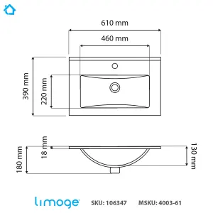 4003 Ceramic 60cm x 40cm Thin-Edge Inset Basin with Deep Scoop