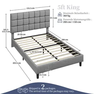 Size Modern Upholstered Bed Frame with Square Tufted Headboard Light Grey / Kingsize (5')