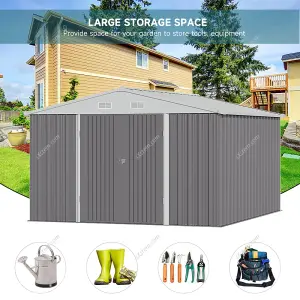 317.6cm W Grey Outdoor Garden Galvanized Steel Storage Shed with Sloped Roof Design, 10x12 ft