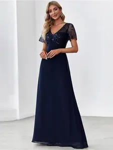 Ever-Pretty Floral Sequin Chiffon Wedding Guest Dress With Sleeves Polyester