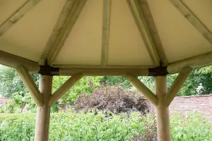 3.6m Hexagonal Wooden Garden Gazebo with Timber Roof - Furnished with Table, Benches and Cushions  (Cream)