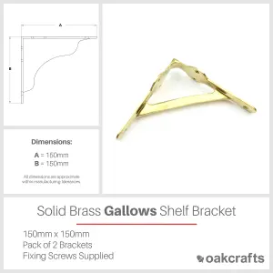 Oakcrafts - Pair of Solid Brass Gallows Style Shelf Brackets - 150mm x 150mm