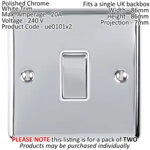 2 PACK 1 Gang 20A DP Single Switch CHROME & White Trim Appliance / Boiler