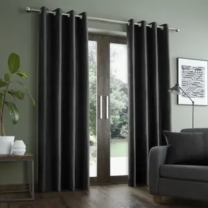 Catherine Lansfield Living Faux Suede 66x72 Inch Eyelet Curtains Two Panels Black