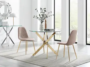 Furniturebox UK Novara 100cm Round Gold Leg Dining Table & 2 Cappuccino Corona Gold Chairs