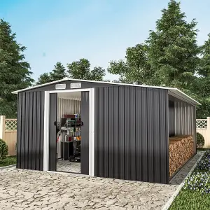 10 x 8 ft Metal Shed Garden Storage Shed Apex Roof Double Door with 9.8 x 2.1 ft Outdoor Log Storage Store,Black