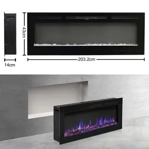 Black Electric Fire Fireplace Wall Mounted or Wall Inset 12 Adjustable Flame Color with Remote Control 80 Inch